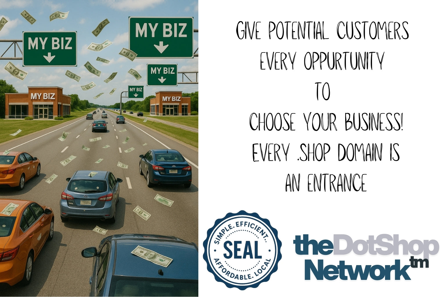 Road with cars and 'MY BIZ' signs, money symbols, and text about business opportunities and domain names.