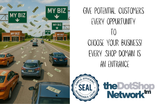Road with cars and 'MY BIZ' signs, money symbols, and text about business opportunities and domain names.